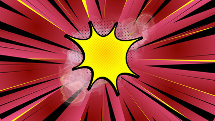 red comic background with common box. Red and yellow starburst center and red radial rays with comic book explosion background. halftone background and pop art comic explosion. superhero comic burst b