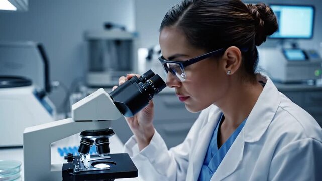 Scientist studies samples under microscope in laboratory during daytime with modern equipment and technology