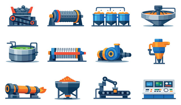 Mineral Processing Operations in flat style: ore crusher, grinding mill, flotation tank, thickener tank, leaching vat, filter press, slurry pump, cyclone. Vector icons