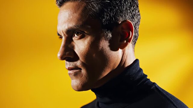 Man in black turtleneck posing against a yellow background.