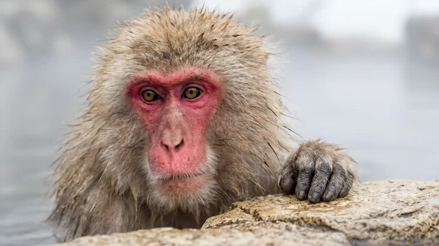 Close-up portrait of a Japanese macaque with pink face in a hot spring, Snow monkey relaxing in steamy natural water