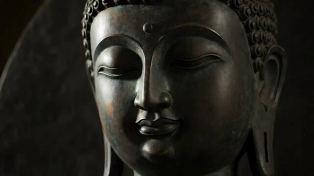 A serene bronze statue of Buddha, his eyes gently closed in meditation, embodying peace and enlightenment, radiating a sense of calm and spiritual contemplation.