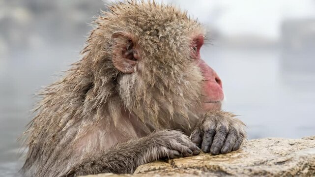 Japanese macaque resting its head near a hot spring, a close-up profile view of a snow monkey in a steamy environment