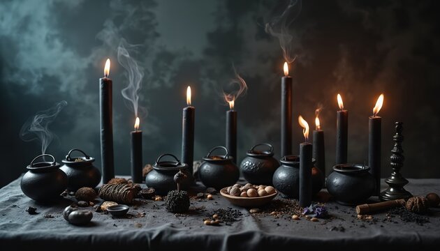 Black candles burn creating smoke on table with cauldrons and pagan symbols. Mystical objects laid out for witchcraft ritual casting spell. Dark fantasy occult atmosphere.