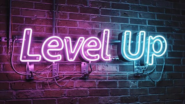 Neon sign reading level up lights up a brick wall in a casual setting at night in a city