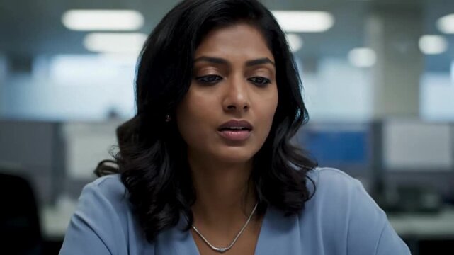 A focused woman displays a look of intense concentration, the lighting creating contrast on her face. Capturing the essence of a diligent and professional individual in the workplace.
