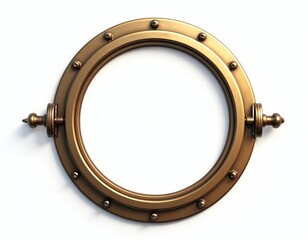 Naklejka premium Round brass porthole frame with rivets and latches. Ships window made of metal. Nautical round object, maritime design element. Circular opening with shiny metallic finish.