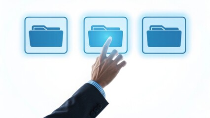 Digital organization a hand reaching towards a floating interface with glowing folders technology clean design interactive view