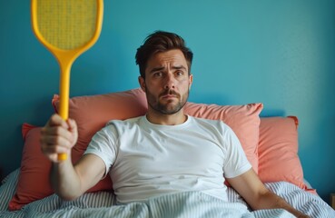 Naklejka premium Man sits in bed holding fly swatter. He looks frustrated and determined to catch annoying insect. Blue wall and orange pillows create bedroom scene.
