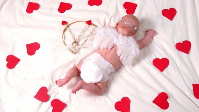 Cute smiling malshy in a Cupid costume on a white background with a bow and arrow in the shape of a heart. Happy Valentine's Day concept.