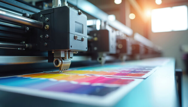 Modern industrial printer operates precisely on colorful paper sheets. Advanced machinery ensures sharp, vibrant print output in a bright factory setting. Technology drives high quality production.