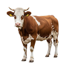 A brown and white cow with yellow ear tags, standing, isolated on transparent background