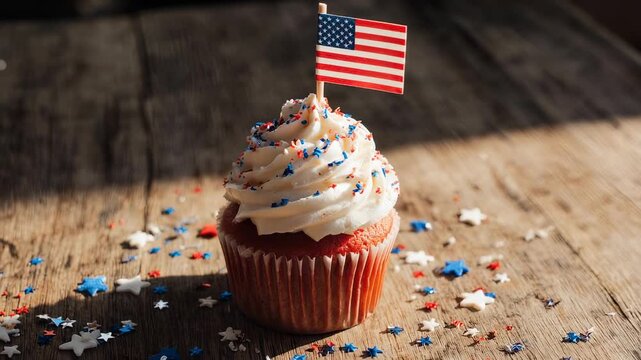 A vibrant orange cupcake topped with white frosting, red and blue stars, and an American flag on a wooden table