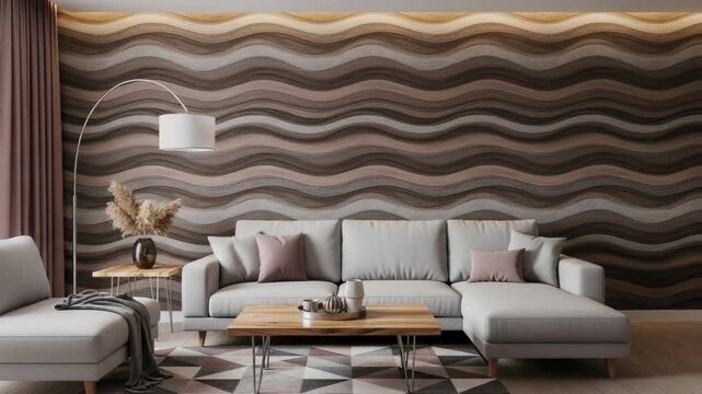 Elegant living room with gray sectional sofa and wavy wallpaper