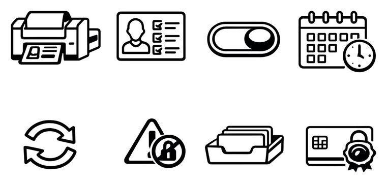 Issuance and lifecycle management in outline style: card personalization printer, user enrollment form, activation toggle, expiration calendar, renewal arrows. Vector icons