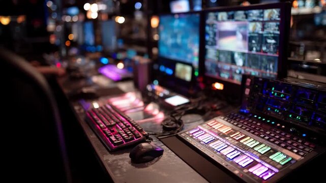 Closeup medium shot of a caster desk surrounded by rows of gaming rigs with controlled depth of field emphasizing the commentators workspace and dynamic LED accents.
