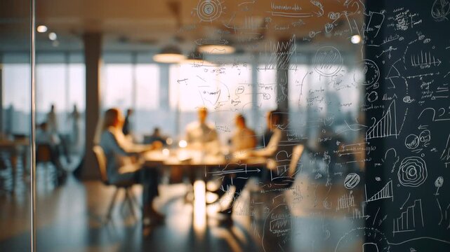 Business team brainstorming in a modern office behind a glass wall covered with hand drawn diagrams and ideas