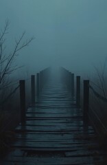 Fototapeta premium Old wooden boardwalk vanishes into dense fog. Mysterious pathway leads nowhere over wet ground. Gloomy atmosphere evokes loneliness and intrigue. Bare branches frame the eerie scene.
