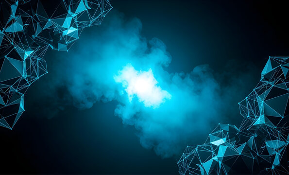 Mystical water surface with fog rolling across blue waves - ethereal smoke clouds hovering above ocean with light rays,