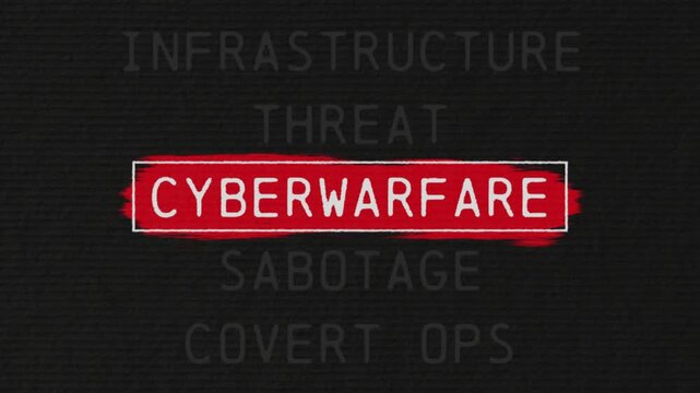 cyber warfare scrolling text sequence with documentary style title animation for news topic and trend
