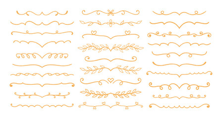 Obraz premium Flourish and dividers crayon drawn set. Gold pencil drawings. Doodle chalk decorative lines, underline, strikethrough, twigs with leaves. Hand drawn symbols. Vector illustration