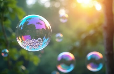 Fototapeta premium Soap bubbles float with rainbow colors in green nature at sunset. Tiny bubbles cluster inside large sphere, reflecting sky and trees. Outdoor summer fun, play, light.