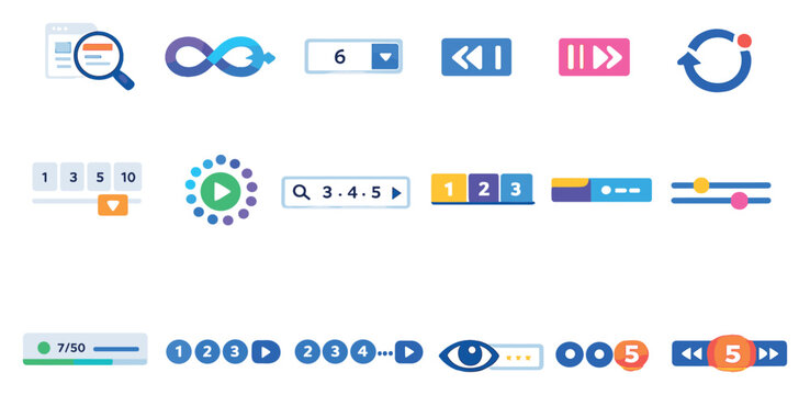 Pagination Interactive Features in flat style: page preview icon, infinite scroll symbol, go-to-page field, jump to start, jump to end, pagination reset icon. Vector icons
