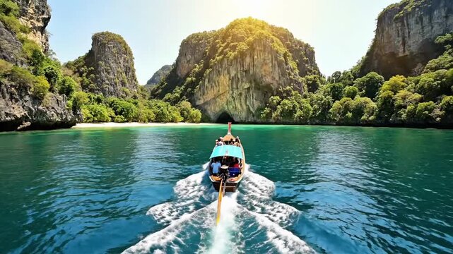 Group relaxes on boat exploring islands in Thailand during sunny day with clear water and hills