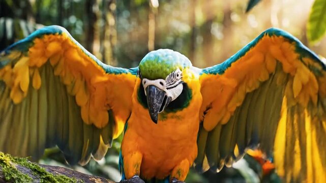 Colorful parrot perched on a tree branch in a lush tropical forest during the day