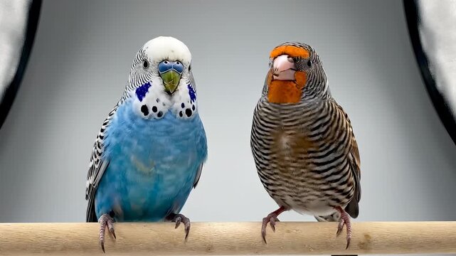 Two colorful birds perched on a wooden stick, looking at each other.