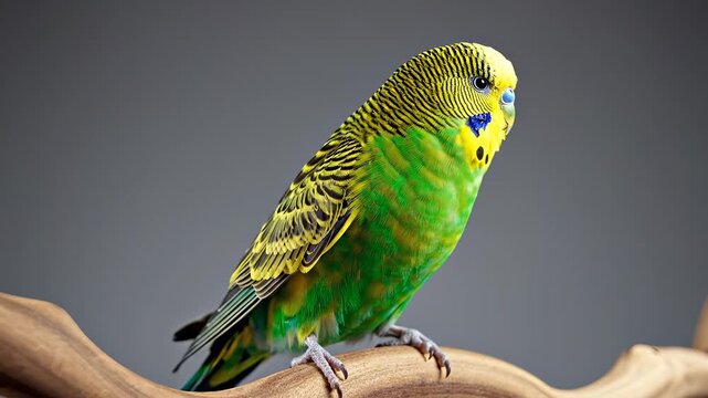 Green Budgerigar Perched on a Branch - A Colorful Bird Portrait.