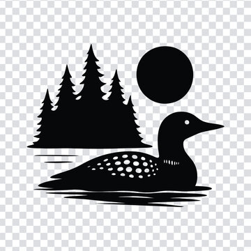 Vector illustration black silhouette of a loon swimming in water with trees and sun