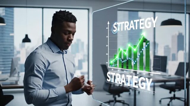 Man uses interactive display to show data analysis in modern office during work hours