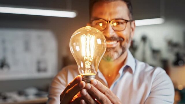 Man examines light bulb in workshop at evening while planning new designs and projects for innovation