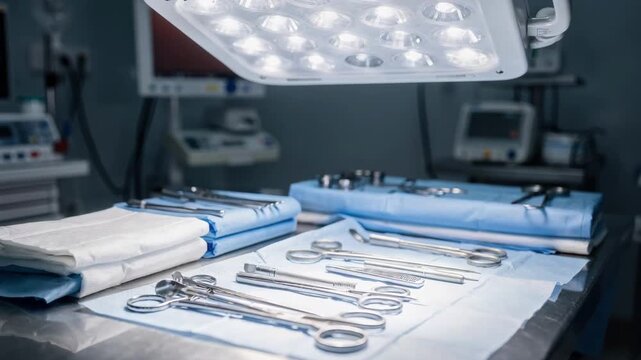 Focused surgical light panel illuminating a cardiac operating table with background equipment softly blurred to emphasize cleanliness and readiness.