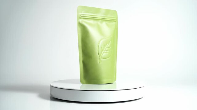 Green Packaging on a White Rotating Platform - Product Presentation.