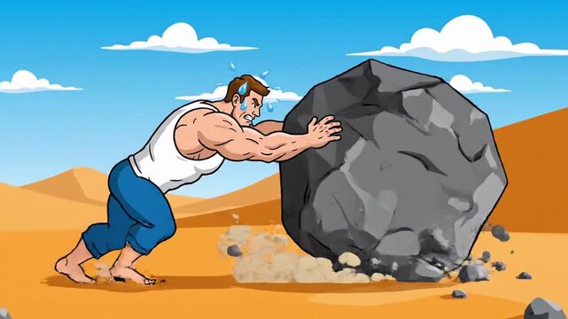 Strong man pushes large rock in desert during bright sunny day with clouds in background