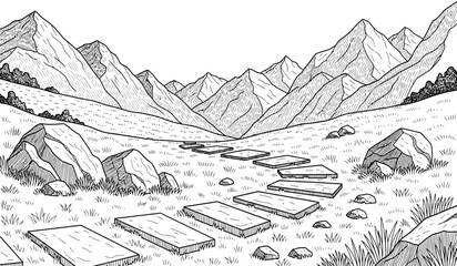 Obraz premium A serene mountain landscape with a winding river and rocks in the foreground, set against a backdrop of majestic peaks and a clear sky