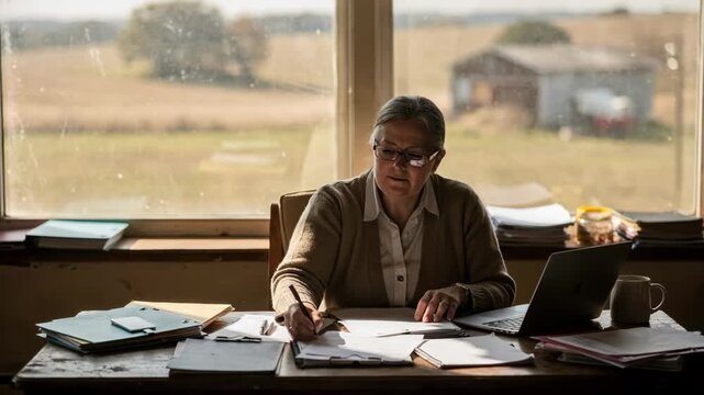 Closeup of a rural school principal consulting notes while coordinating multischool course offerings with outoffocus farmland visible through the window behind.