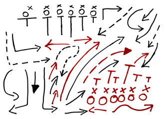 Hand draw strategy game plan for football, basketball, handball, sketched black marker, isolated on white, clipping path, design elements