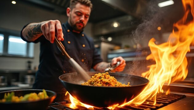 Chef cooks food in wok on open fire. Intense flames cook dish in pro kitchen. Man stirs ingredients with spatula over gas stove creating meal.