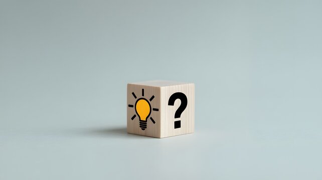 Wooden block with question mark and light bulb icon. for FAQ. Problem and solution. Quiz, test, survey, support, knowledge, decision, brainstorming and creative idea. 
