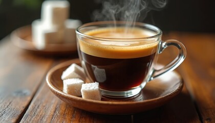 Fototapeta premium Steaming cup of Cuban coffee espresso with sugar cubes on a wooden saucer. Dark roasted coffee beverage served hot in clear glass mug. Enjoy rich caffeine drink with sweet sugar.