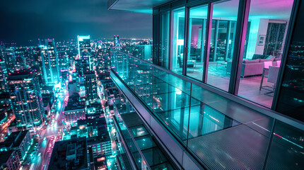 Naklejka premium Modern skyscraper balcony at night with neon city lights, luxury penthouse terrace with glass railing overlooking futuristic urban skyline, wet rainy windows