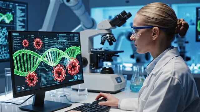 Scientist analyzes data on computer in laboratory studying DNA and viruses with microscope