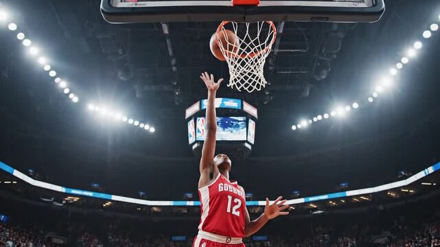 Basketball player takes a jump shot during an NBA game at the arena with a large crowd watching the action unfold
