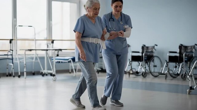 Focused view of a stroke survivor practicing walking with a gait belt in an open ambulatory rehab room softfocus on surrounding mobility aids.