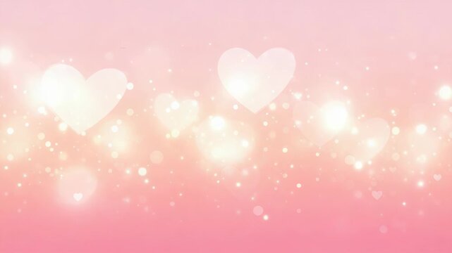 A pink background with white hearts and bokeh lights shining brightly everywhere