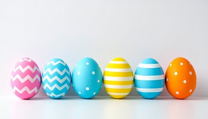 Fototapeta premium Row of Six Brightly Patterned Easter Eggs with Zigzags, Stripes, and Dots on a White Background