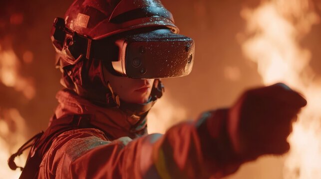 Firefighter wearing protective helmet and virtual reality headset pointing toward massive flames during emergency response training simulation in industrial fire environment dramatic lighting